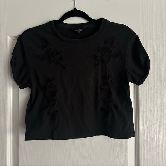 Topshop Petite US 2 Black Embroidered Cropped Crew Neck T-Shirt - Picture 14 of 15